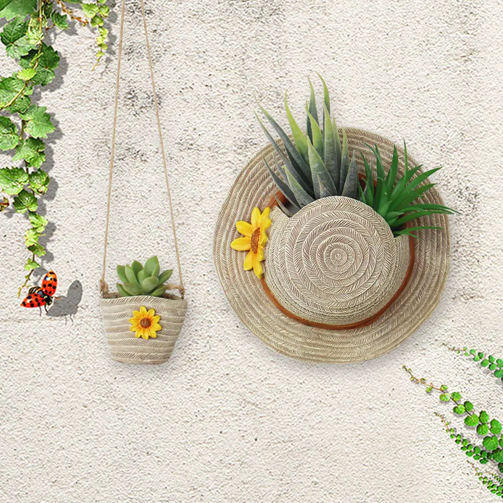 Boho Hat & Bag Planter Planter Pot Resin Imitation Straw Planting Pot Decorative Succulent Plant Pot for Balcony Garden Yard