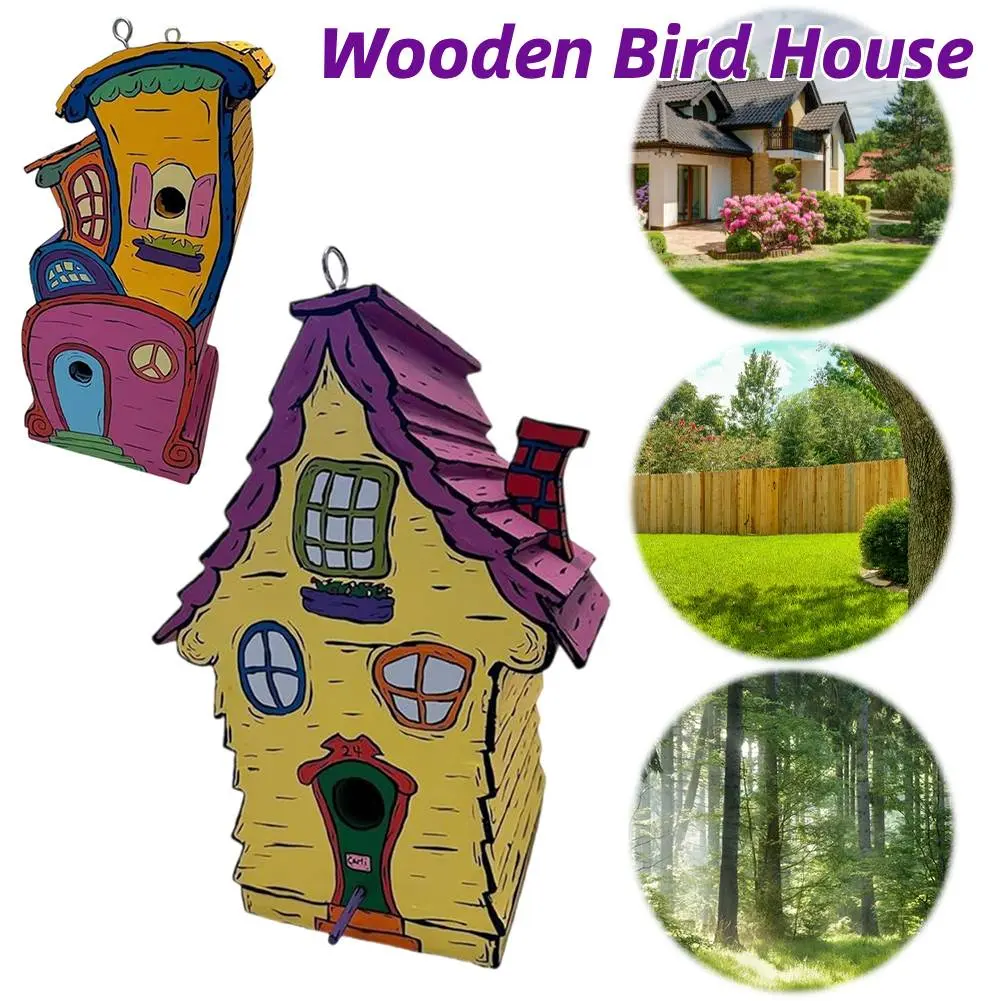 Wooden Bird House with Perch Cartoon Paint Bird Nest Breathable Handmade Wood Birdhouse for Home Garden Patio Decoration