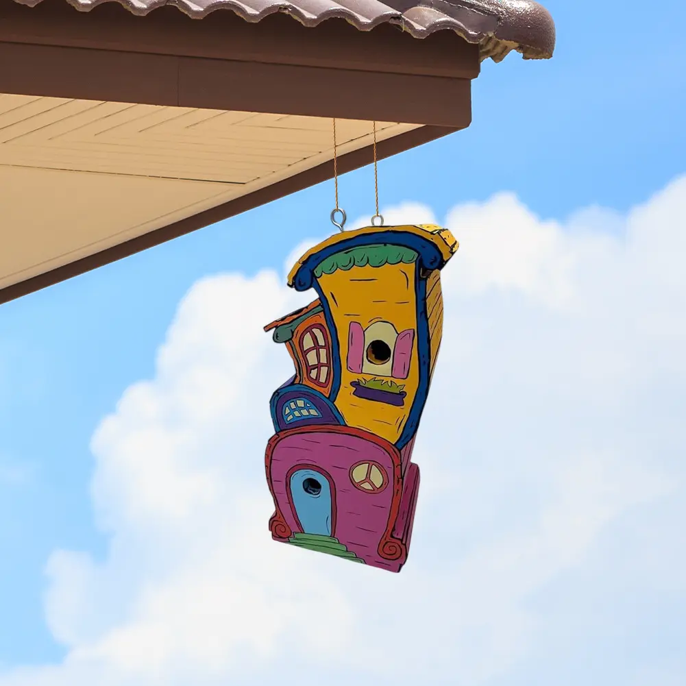 Wooden Bird House with Perch Cartoon Paint Bird Nest Breathable Handmade Wood Birdhouse for Home Garden Patio Decoration