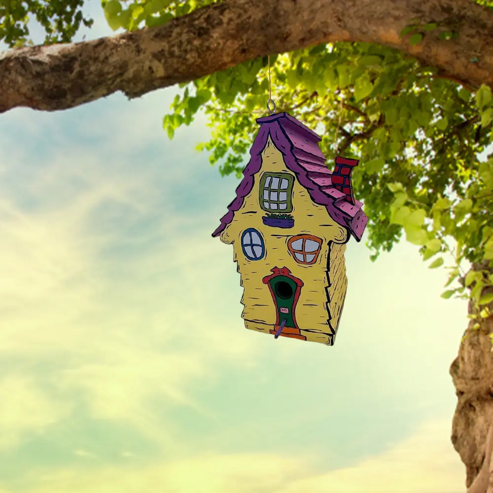 Wooden Bird House with Perch Cartoon Paint Bird Nest Breathable Handmade Wood Birdhouse for Home Garden Patio Decoration