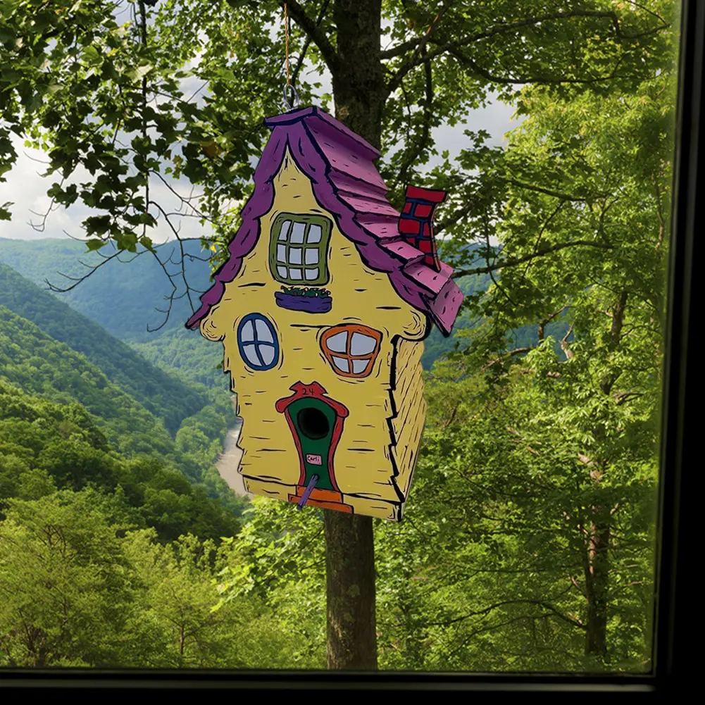 Wooden Bird House with Perch Cartoon Paint Bird Nest Breathable Handmade Wood Birdhouse for Home Garden Patio Decoration