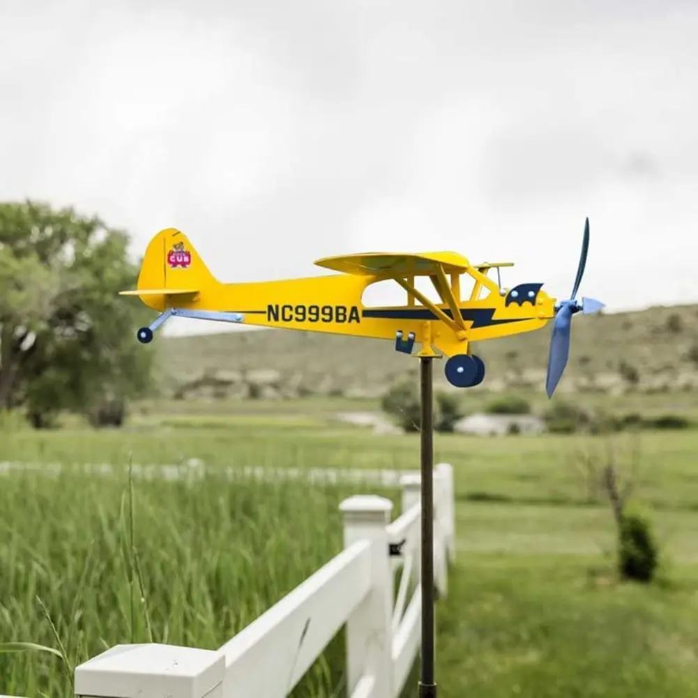 3D Plane Garden Weather Vane Plug Decor Anti-corrosion Metal Airplane Plug-in Windmill Weatherproof Ornaments for Outdoor Garden