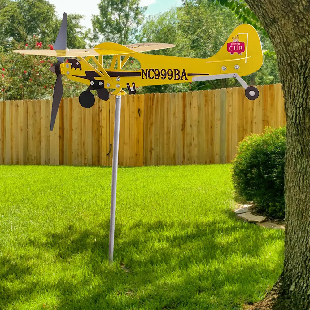 3D Plane Garden Weather Vane Plug Decor Anti-corrosion Metal Airplane Plug-in Windmill Weatherproof Ornaments for Outdoor Garden
