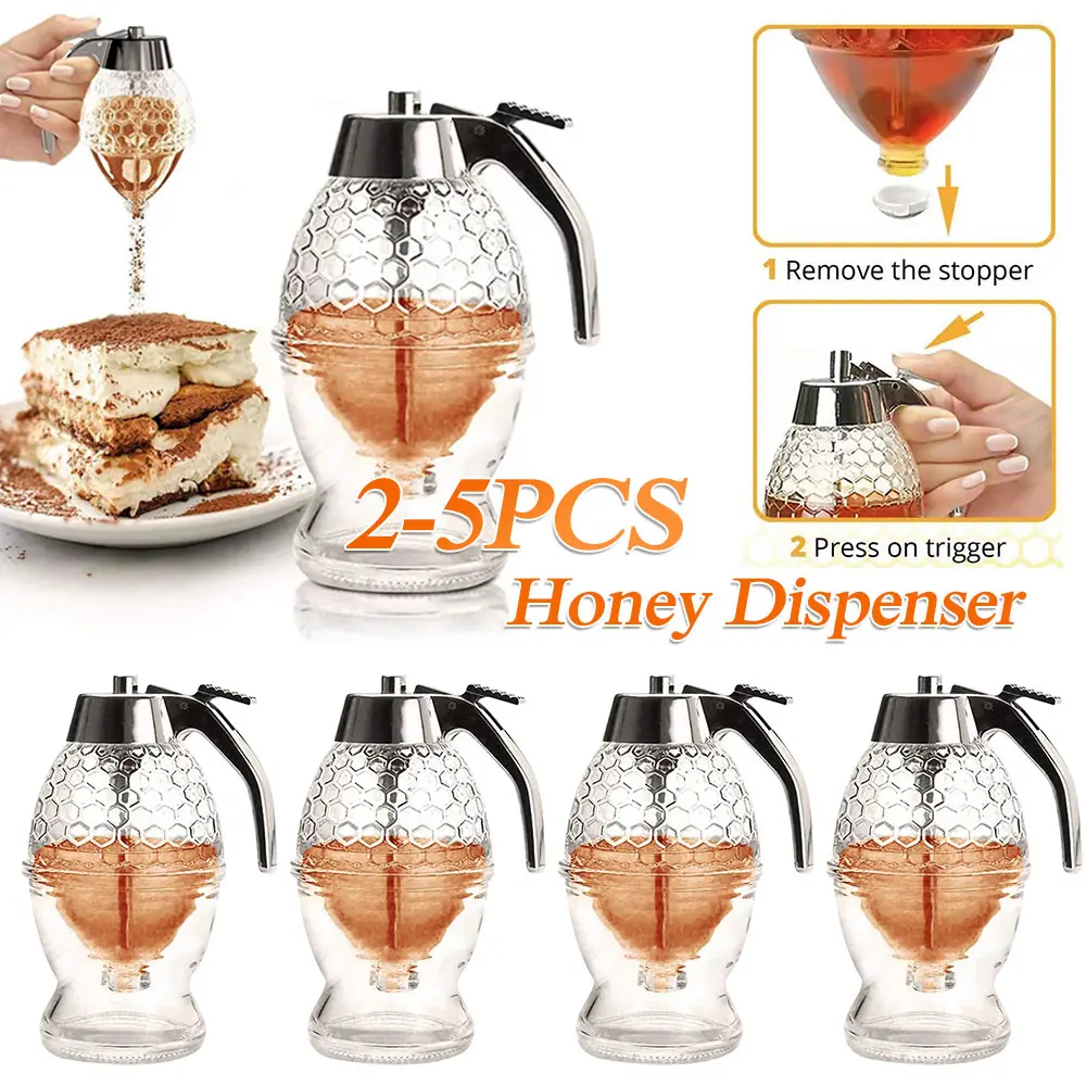 2-5PCS No Drip Acrylic Honey Pourer Dispenser with Stand Honey Jar Container Storage Juice Syrup Cup Bee Drip Dispenser Kettle