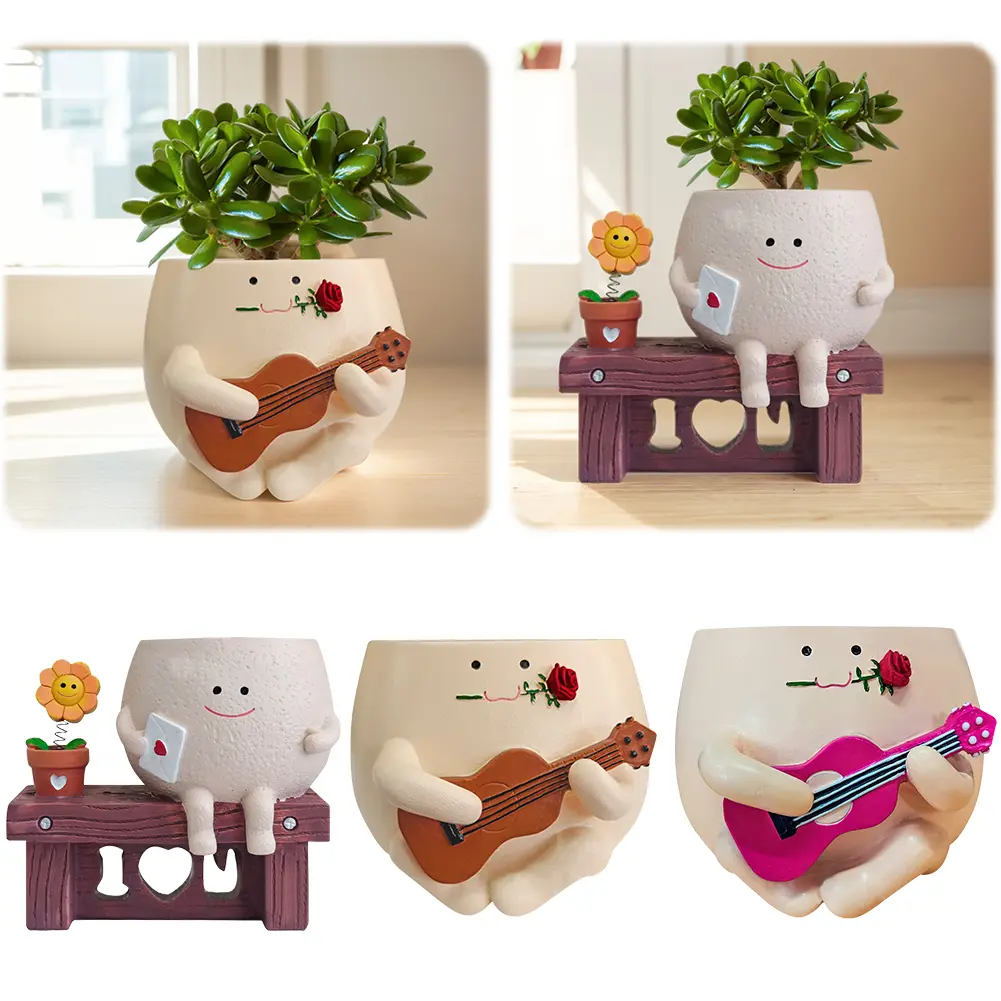 Smile Face Planter Pot Resin Cute Guitar Plant Pot Unique Sit Long Chair Succulent Pots for String of Pearls Plant