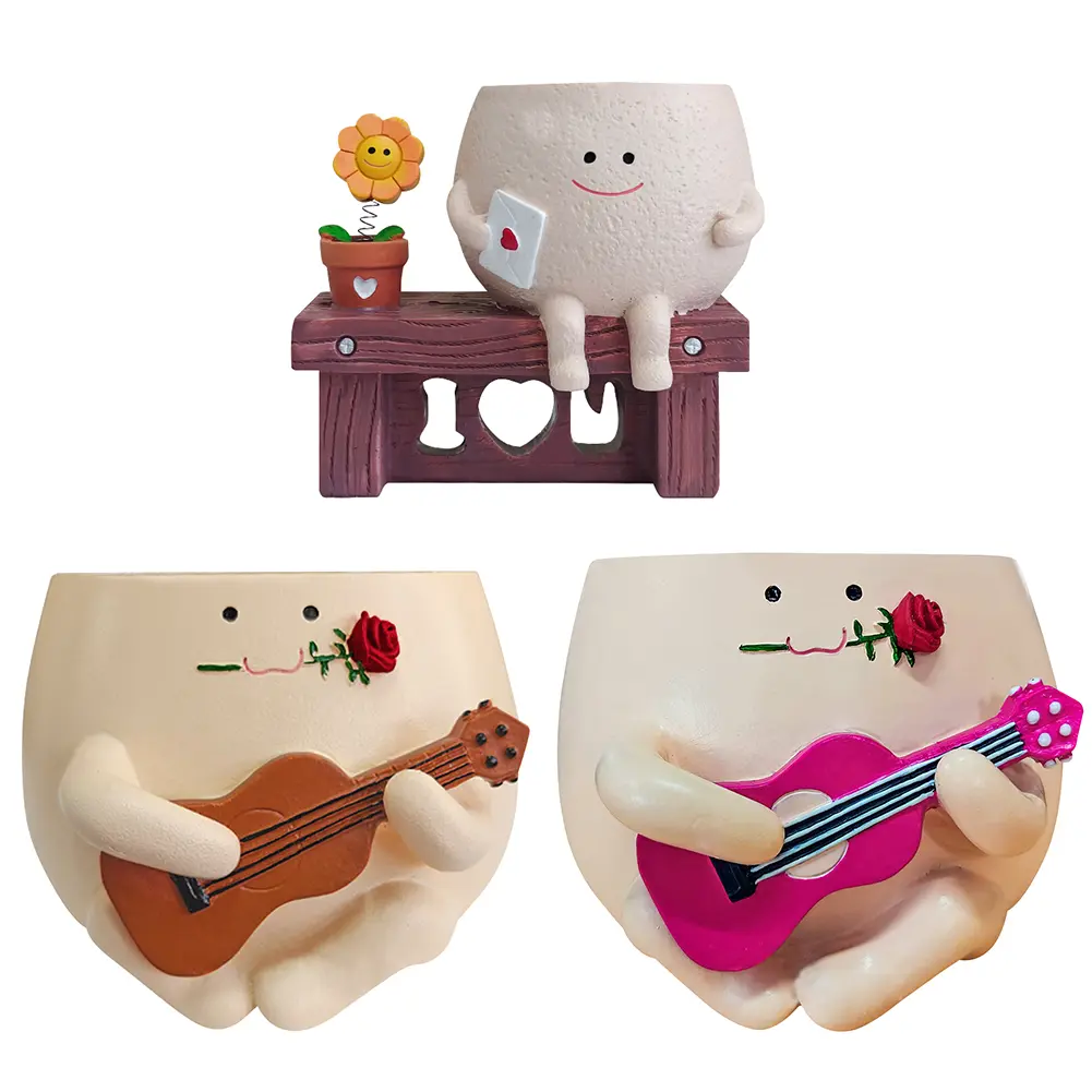 Smile Face Planter Pot Resin Cute Guitar Plant Pot Unique Sit Long Chair Succulent Pots for String of Pearls Plant