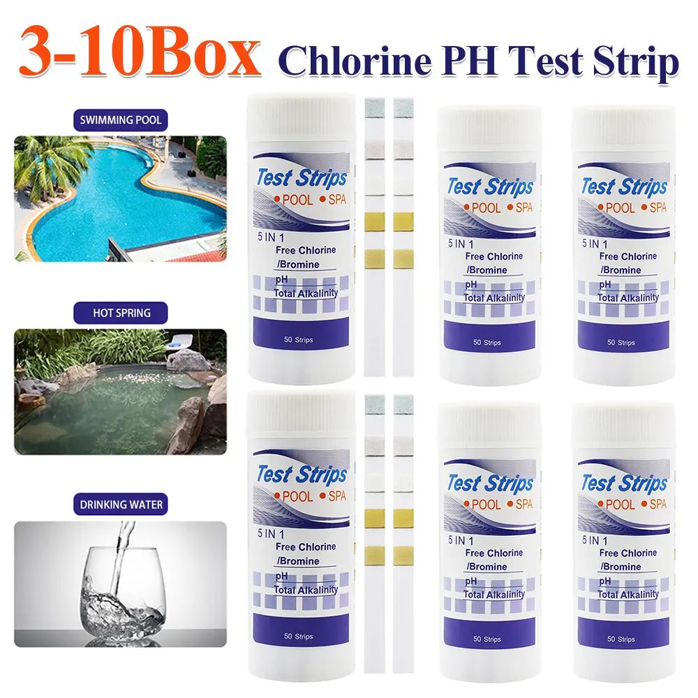 3-10Box 5 in 1 Swimming Pool PH Test Paper Residual Chlorine PH Value Alkalinity Hardness Test Strip PH Tester Pool Accessories