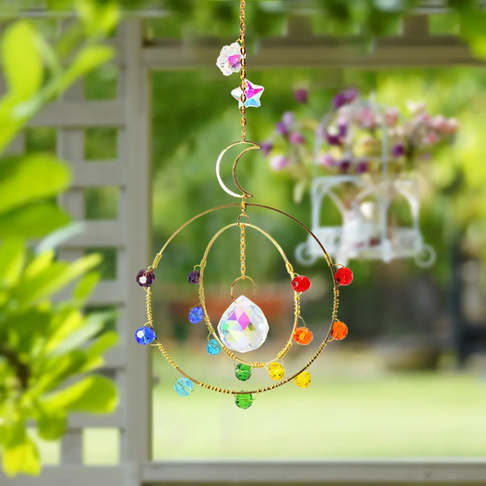 Crystal Wind Chimes Star Moon Hanging Pendant Plated Colorful Beads Home Lighting Accessory Outdoor Indoor Decor