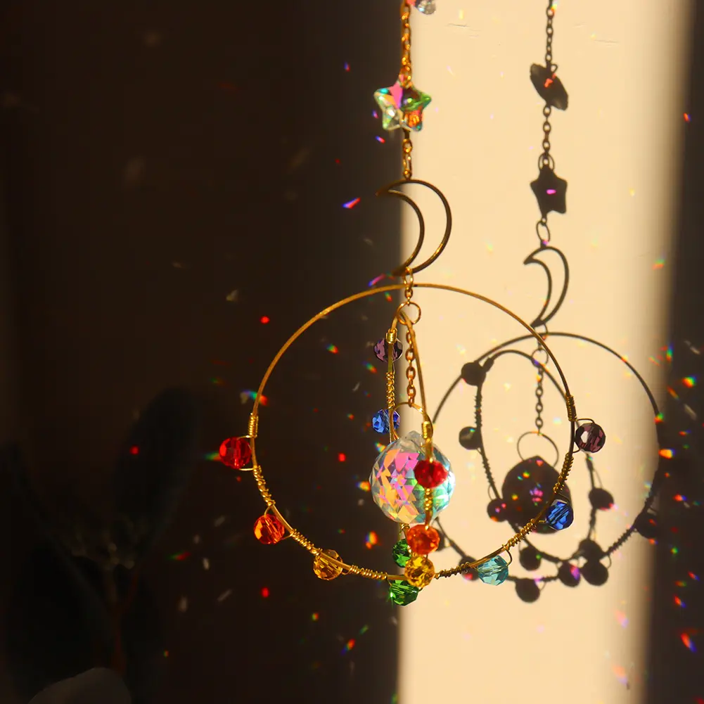 Crystal Wind Chimes Star Moon Hanging Pendant Plated Colorful Beads Home Lighting Accessory Outdoor Indoor Decor