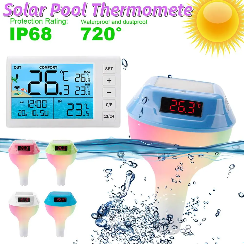 Solar Digital Wireless Pool Thermometer Floating Easy Read with Dynamic RGB Lights & Timer & LED Screen for Pools Ponds Hot Tubs