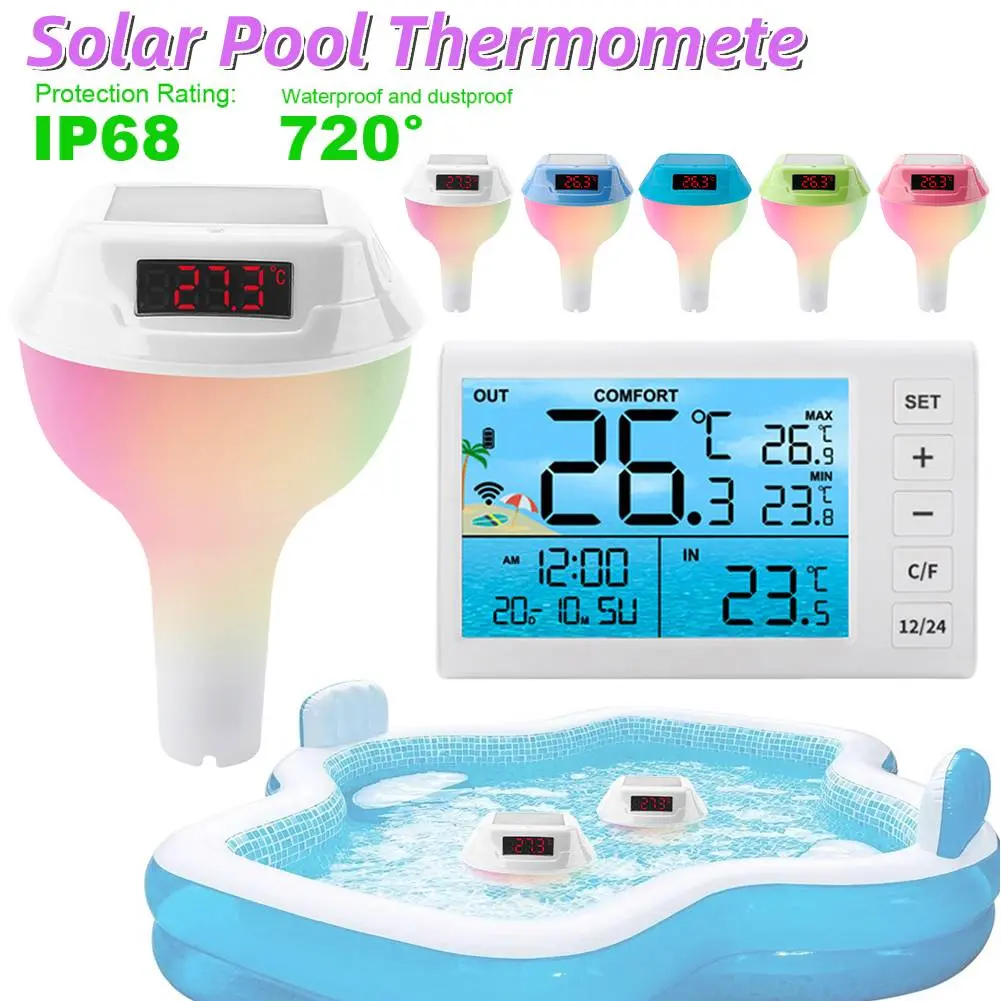 Solar Digital Wireless Pool Thermometer Floating Easy Read with Dynamic RGB Lights & Timer & LED Screen for Pools Ponds Hot Tubs