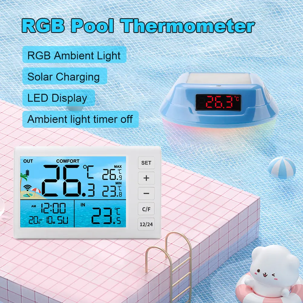 Solar Digital Wireless Pool Thermometer Floating Easy Read with Dynamic RGB Lights & Timer & LED Screen for Pools Ponds Hot Tubs