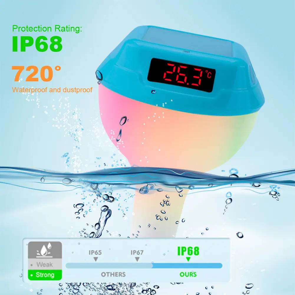 Solar Digital Wireless Pool Thermometer Floating Easy Read with Dynamic RGB Lights & Timer & LED Screen for Pools Ponds Hot Tubs