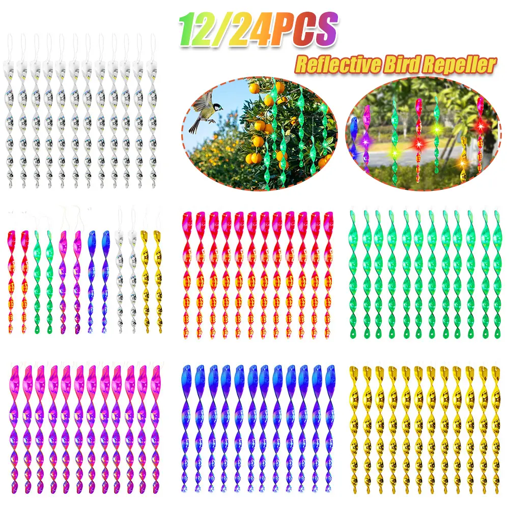 12/24Pcs Bird Repellent Stick Spiral Wind Chimes Bird Repellent Goods Crow Repellent Keep Pigeon Woodpecker Away for Garden Yard