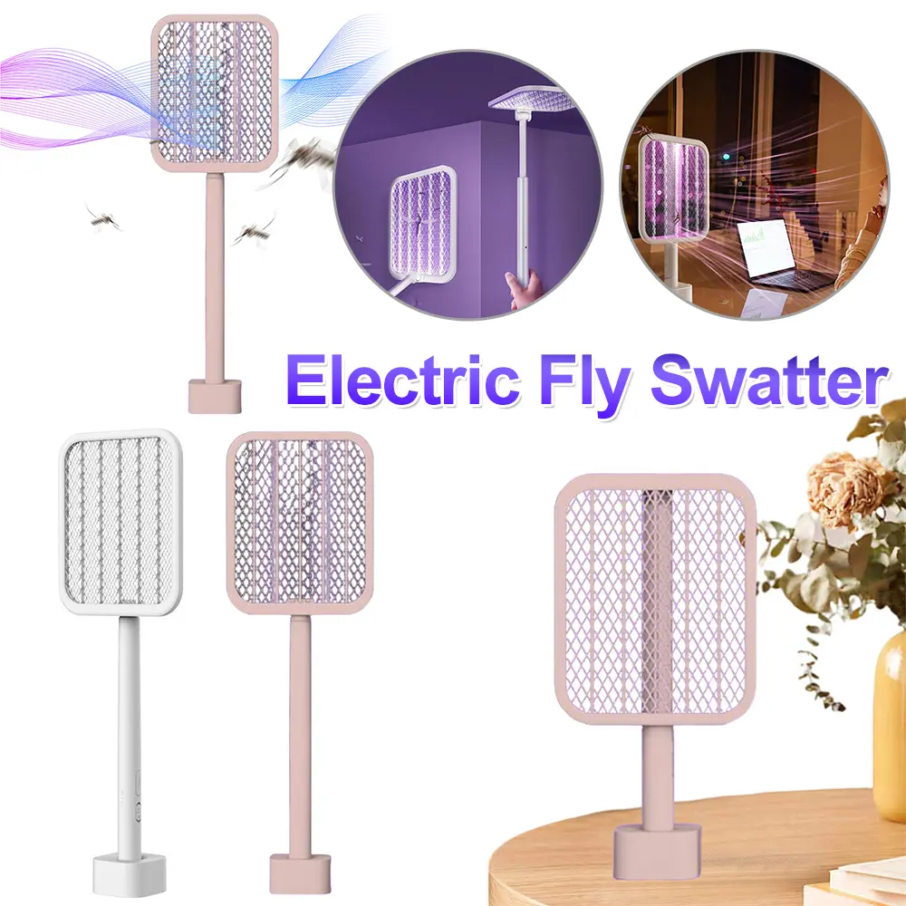 Electric Fly Swatter Racket with Powerful Mosquitoes Trap Lamp Retractable Rechargeable Mosquito Killer with 3-Layer Safety Mesh