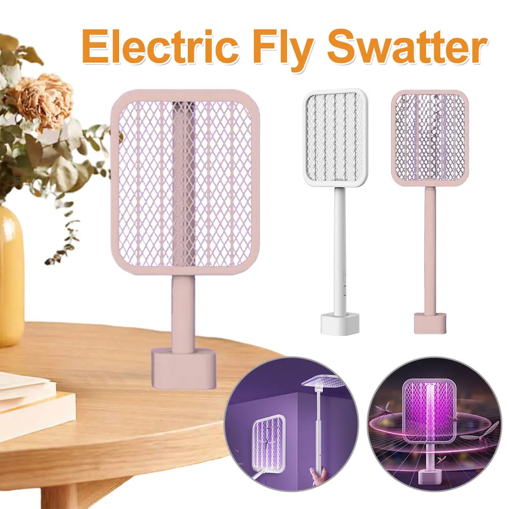 Electric Fly Swatter Racket with Powerful Mosquitoes Trap Lamp Retractable Rechargeable Mosquito Killer with 3-Layer Safety Mesh
