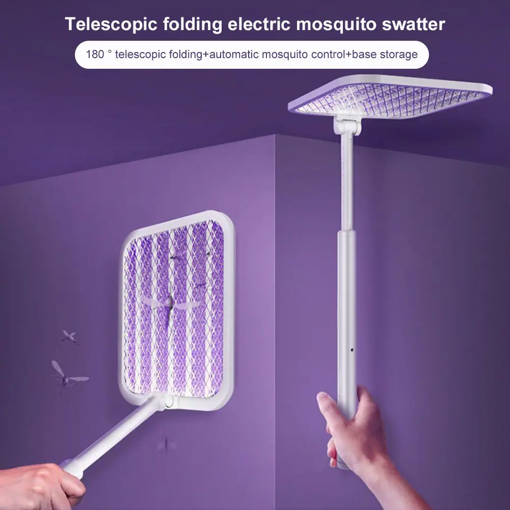 Electric Fly Swatter Racket with Powerful Mosquitoes Trap Lamp Retractable Rechargeable Mosquito Killer with 3-Layer Safety Mesh