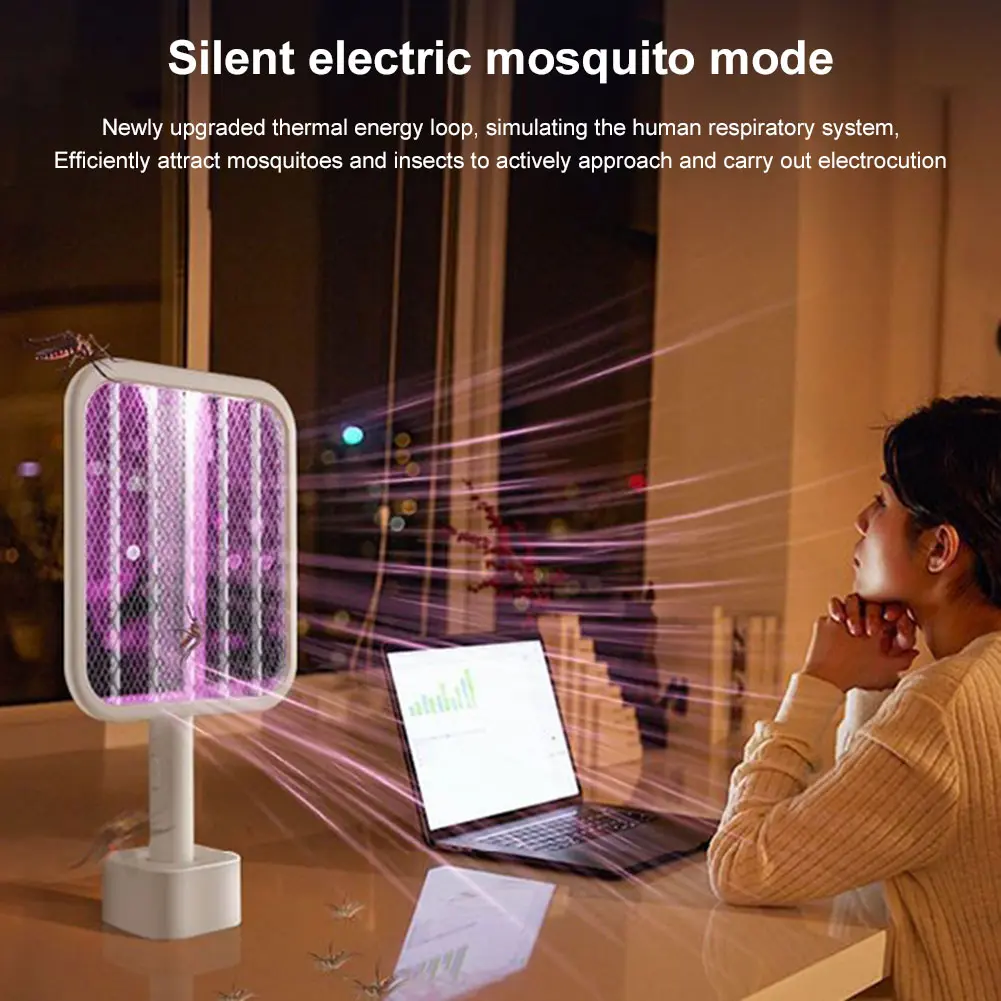 Electric Fly Swatter Racket with Powerful Mosquitoes Trap Lamp Retractable Rechargeable Mosquito Killer with 3-Layer Safety Mesh