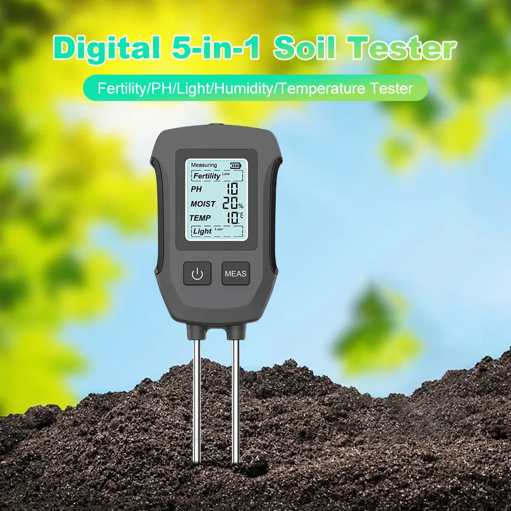 5 in 1 Digital Soil Tester Fertility/Moisture/PH/Temperature/Sunlight Meter Plant Doctor Detector for Flower Plants Garden Lawn