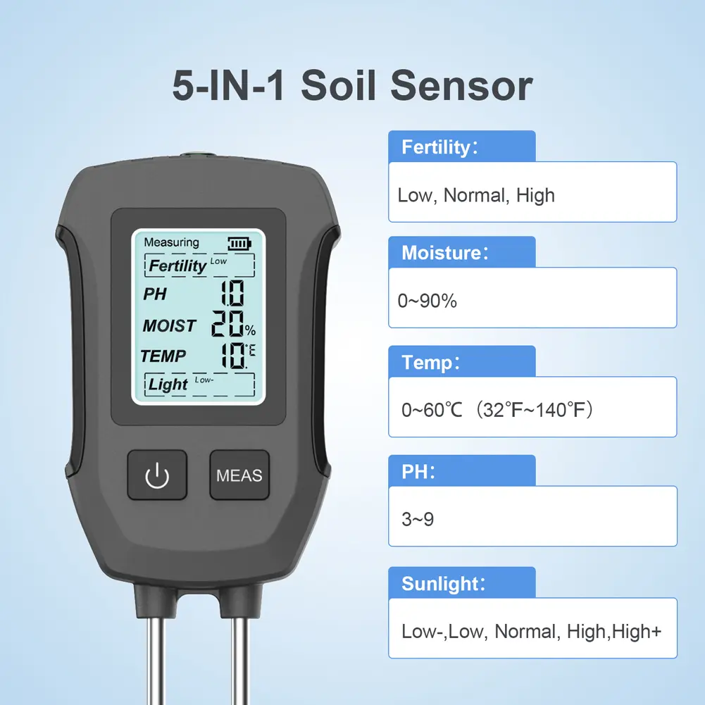 5 in 1 Digital Soil Tester Fertility/Moisture/PH/Temperature/Sunlight Meter Plant Doctor Detector for Flower Plants Garden Lawn