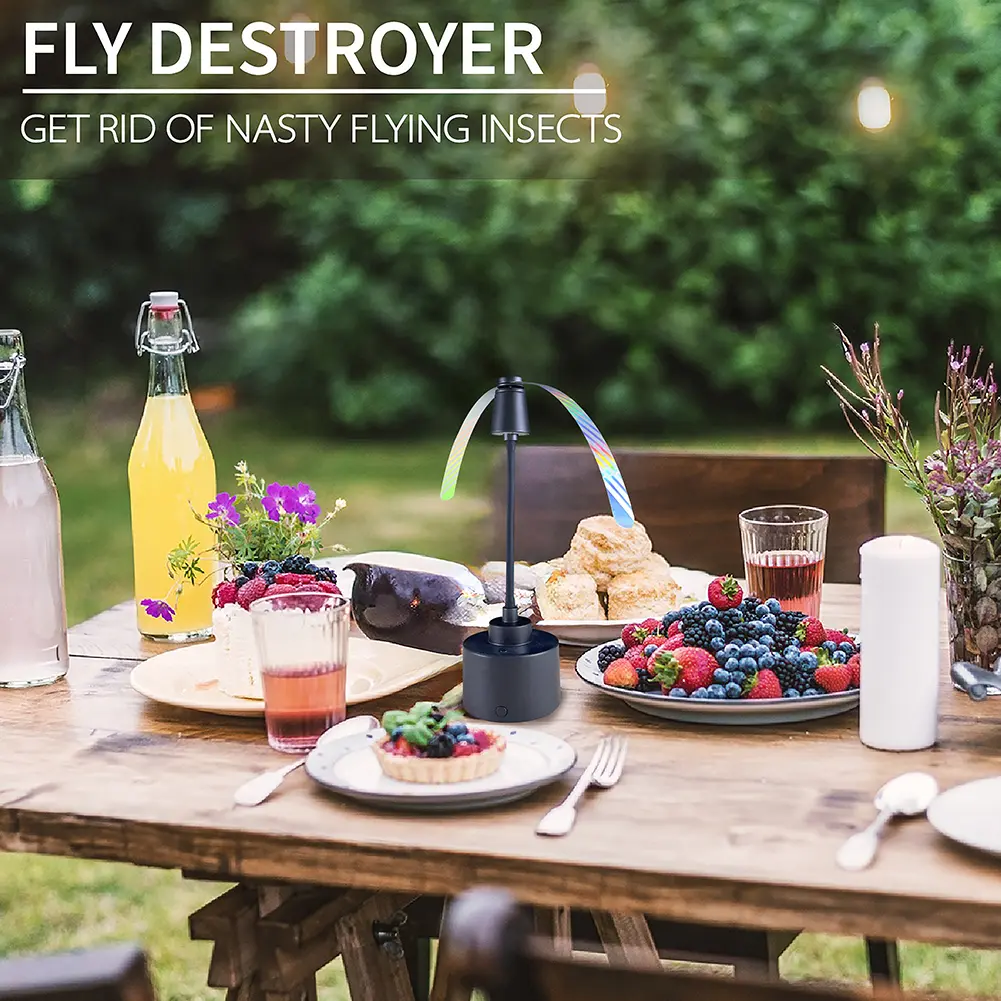 Fly Fans for Tables with Holographic Blades Table Top Fly Fan Portable Picnic Fan with LED Light for Picnic Restaurant Party