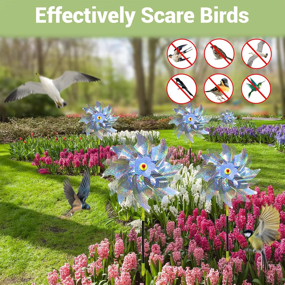 10PCS Bird Repeller Pinwheels Reflective Sparkly Scarecrow Pinwheel Windmill Spinner for Garden Lawn Yard Decor Keep Birds Away