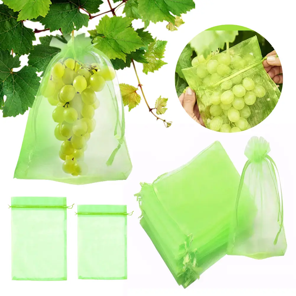100Pcs Fruit Protection Bags Drawstring Green Fruit Netting Cover Fruit Netting Bags Protect Plants From Pest Birds Squirrels