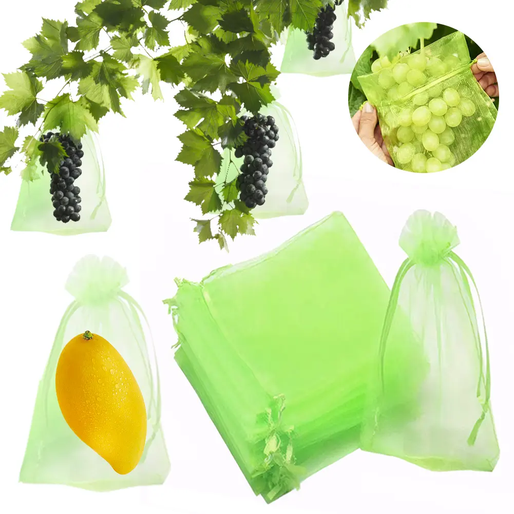 100Pcs Fruit Protection Bags Drawstring Green Fruit Netting Cover Fruit Netting Bags Protect Plants From Pest Birds Squirrels