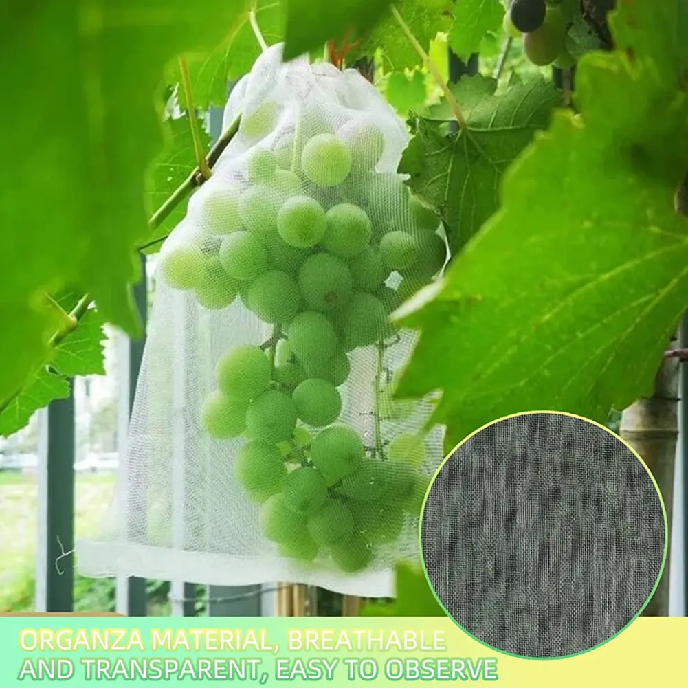 100Pcs Fruit Protection Bags Drawstring Green Fruit Netting Cover Fruit Netting Bags Protect Plants From Pest Birds Squirrels