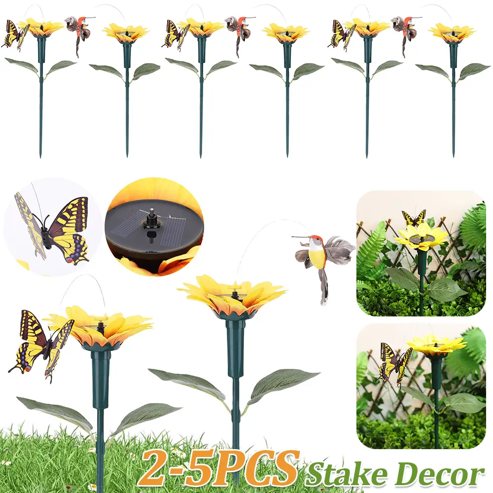 2-5PCS Solar Powered Flying Butterfly/Bird Sunflower Garden Decor Rotating Butterflies/Hummingbird Ornament Garden Stake Decor