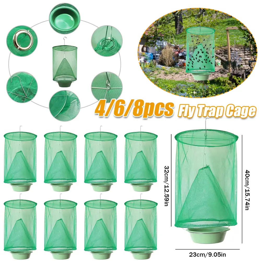 4/6/8PCS Fly Catcher Killer Pest Control Reusable Hanging Fly Trap Flytrap Cage Net Traps Outdoor Garden Hanging Flycatcher