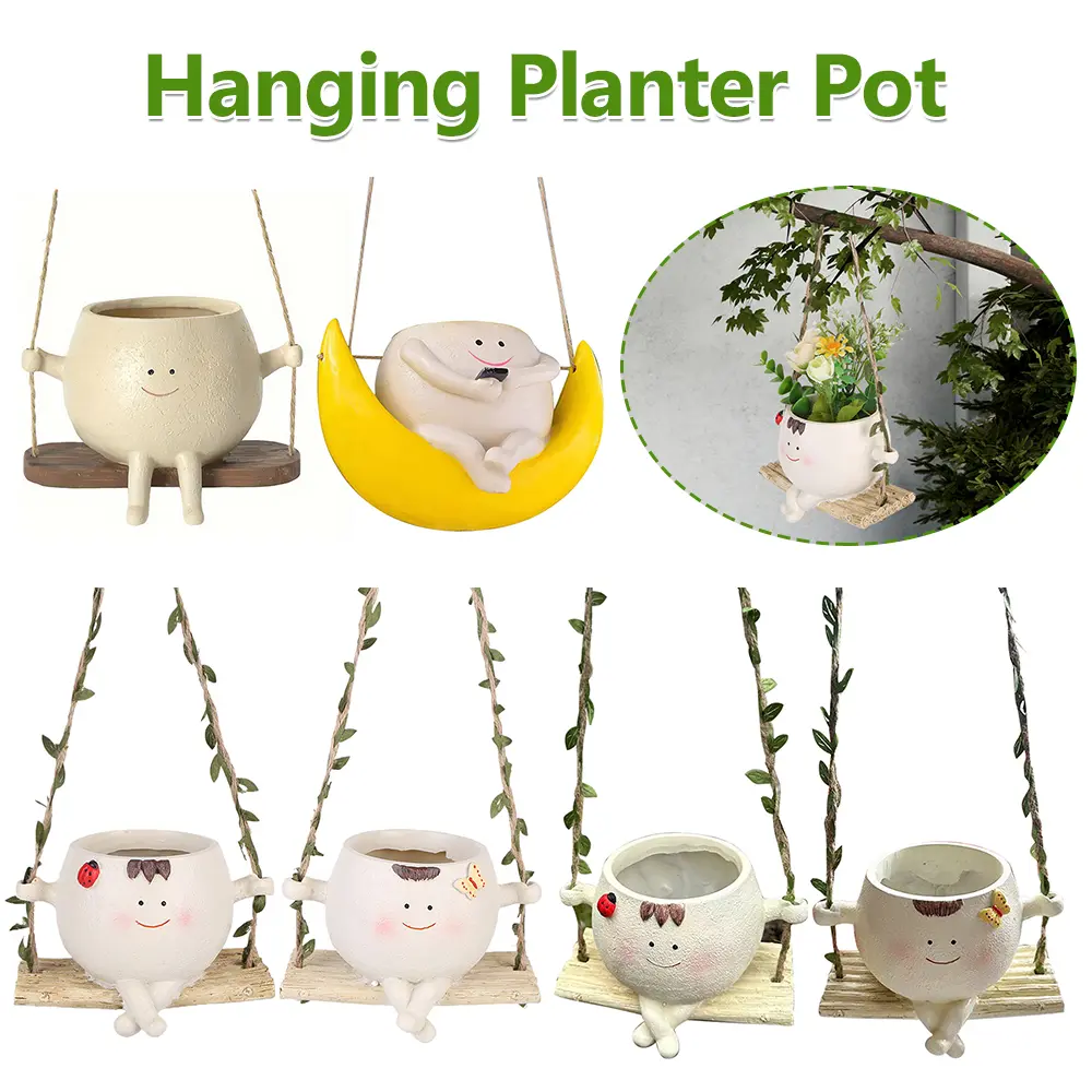 Rocking Chair/Swing Face Flower Pot Succulent Planter Cute Resin Head Planters Home Garden Supplies for Indoor Outdoor Plants