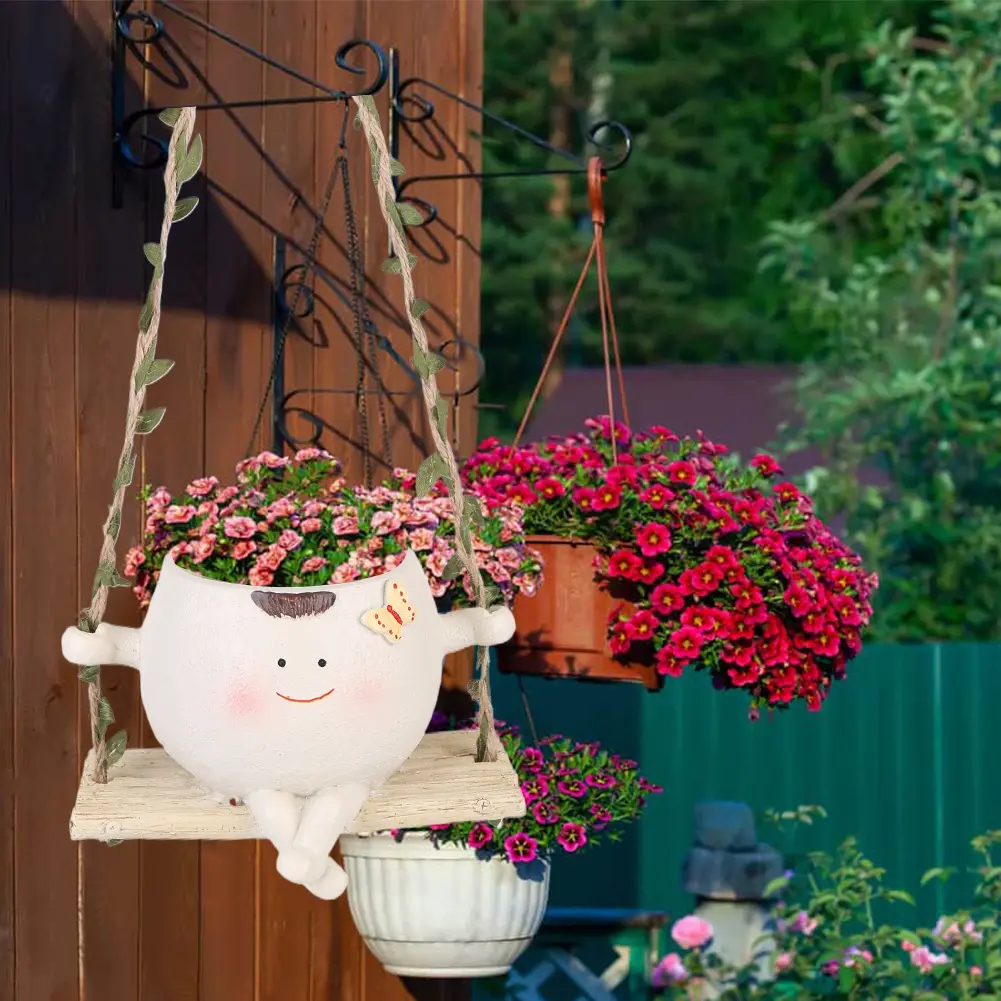 Rocking Chair/Swing Face Flower Pot Succulent Planter Cute Resin Head Planters Home Garden Supplies for Indoor Outdoor Plants