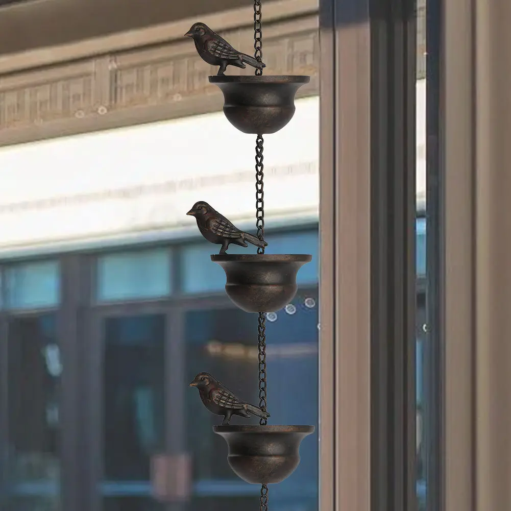 8 Feet Birds On Cups Rain Chain 8 Birds Cups Bronze Decorative Bird Rain Chain Drainage Rain Chain for Outdoor Courtyard Garden
