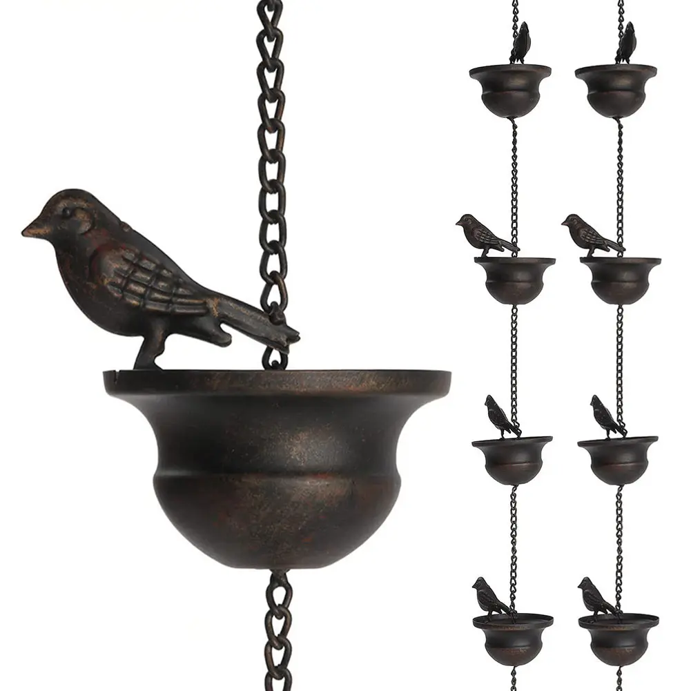 8 Feet Birds On Cups Rain Chain 8 Birds Cups Bronze Decorative Bird Rain Chain Drainage Rain Chain for Outdoor Courtyard Garden