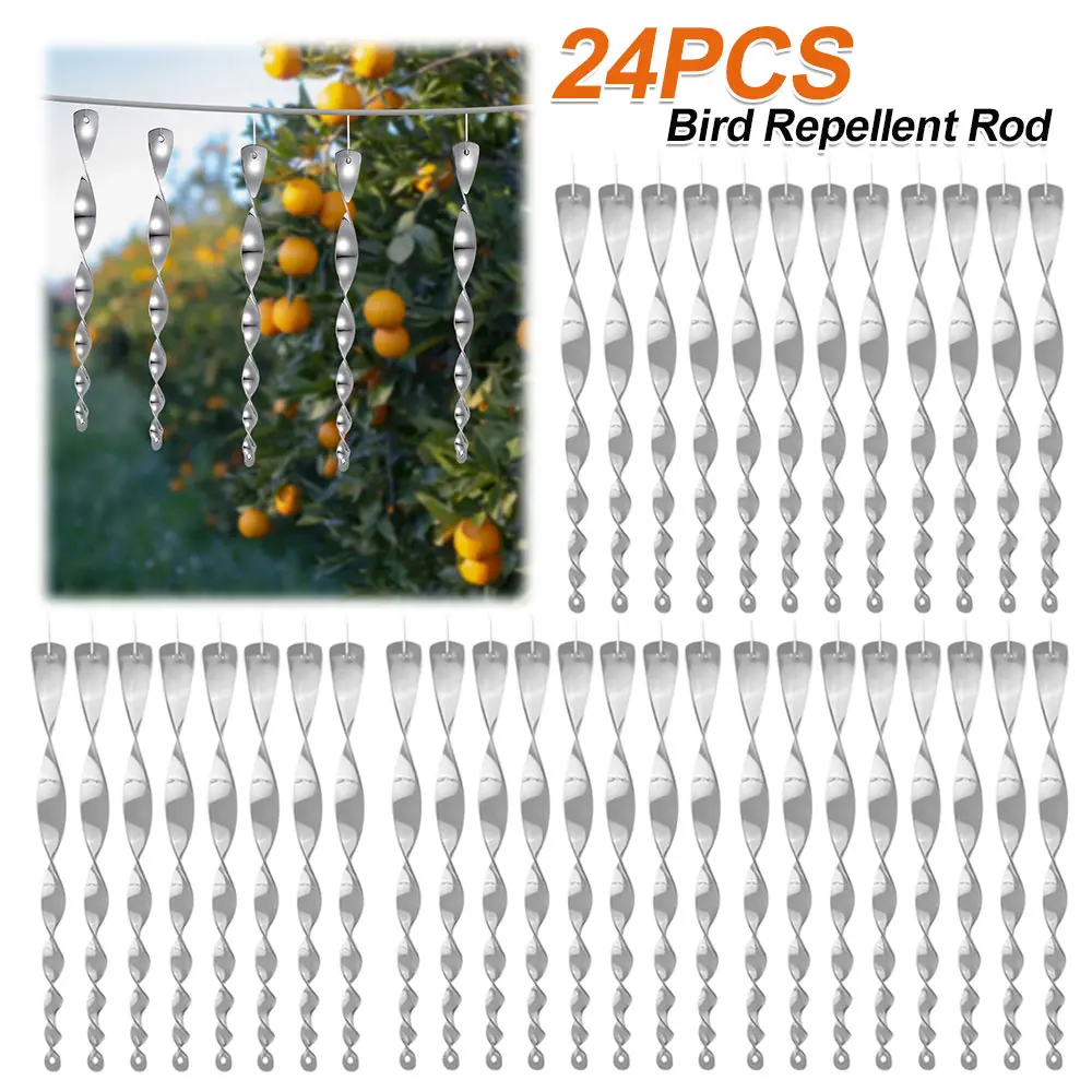 24PCS Bird Repeller Rotating Rod Reflective Bird Deterrent Rods 30cm Hanging Spiral Rod Anti-bird Protection Garden Decoration