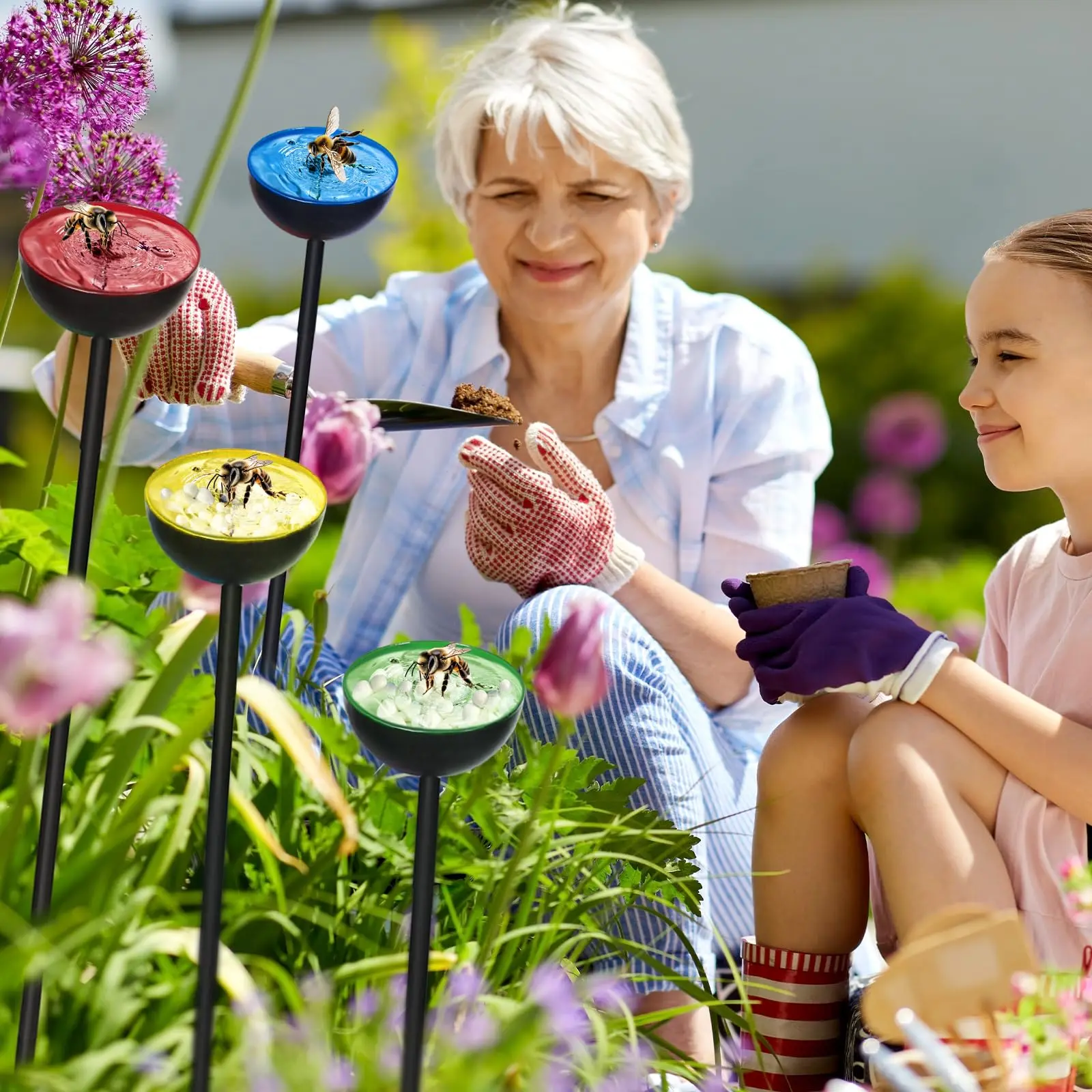 Bee Watering Station Metal Bee Water Feeder with Stake Butterfly Bath Bowl Standing Bee Feeder for Outdoor Decor