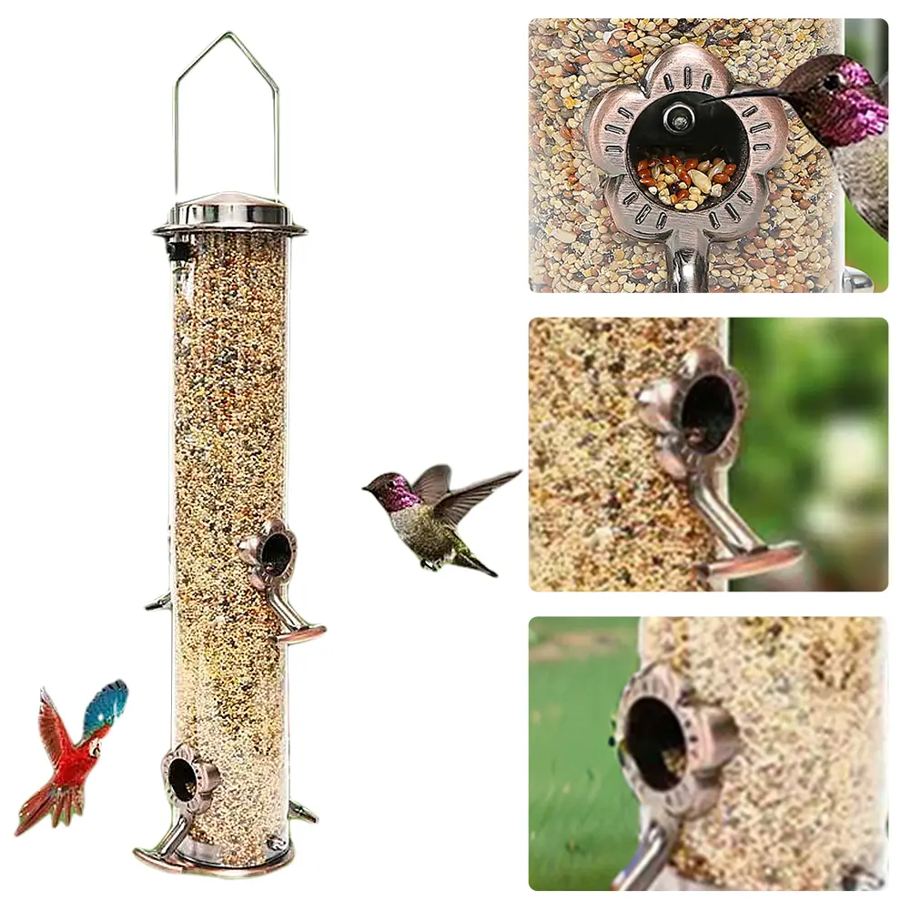 Outdoor Hanging Metal Bird Feeder 4 Ports Large Capacity Stainless Steel Bird Feeder Waterproof Yard Garden Bird Feeding Device