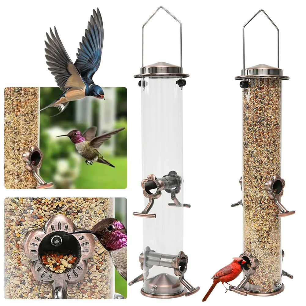 Outdoor Hanging Metal Bird Feeder 4 Ports Large Capacity Stainless Steel Bird Feeder Waterproof Yard Garden Bird Feeding Device