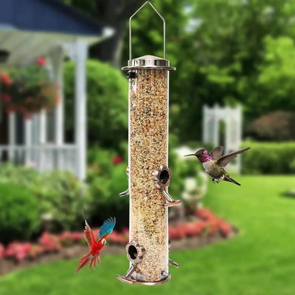 Outdoor Hanging Metal Bird Feeder 4 Ports Large Capacity Stainless Steel Bird Feeder Waterproof Yard Garden Bird Feeding Device