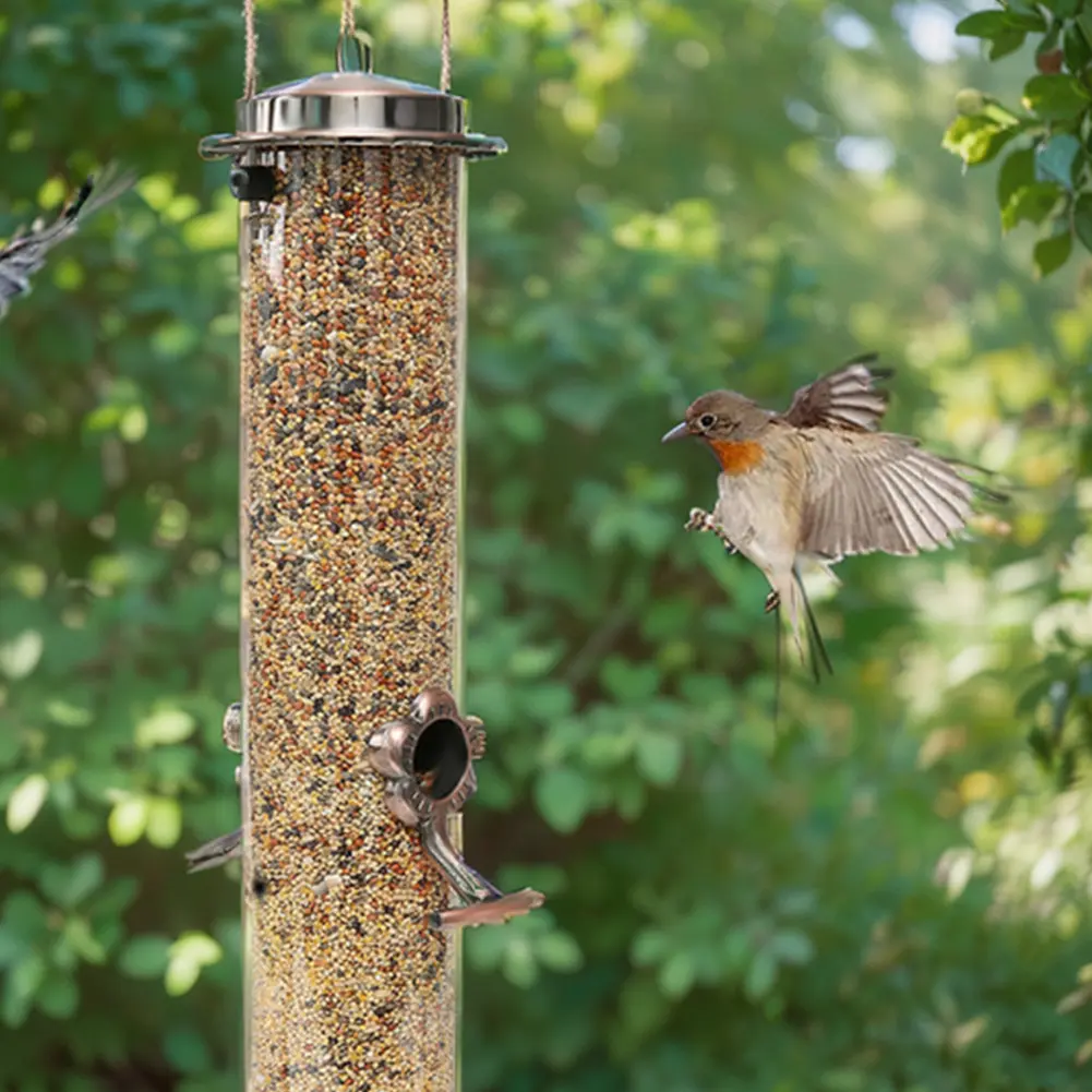 Outdoor Hanging Metal Bird Feeder 4 Ports Large Capacity Stainless Steel Bird Feeder Waterproof Yard Garden Bird Feeding Device