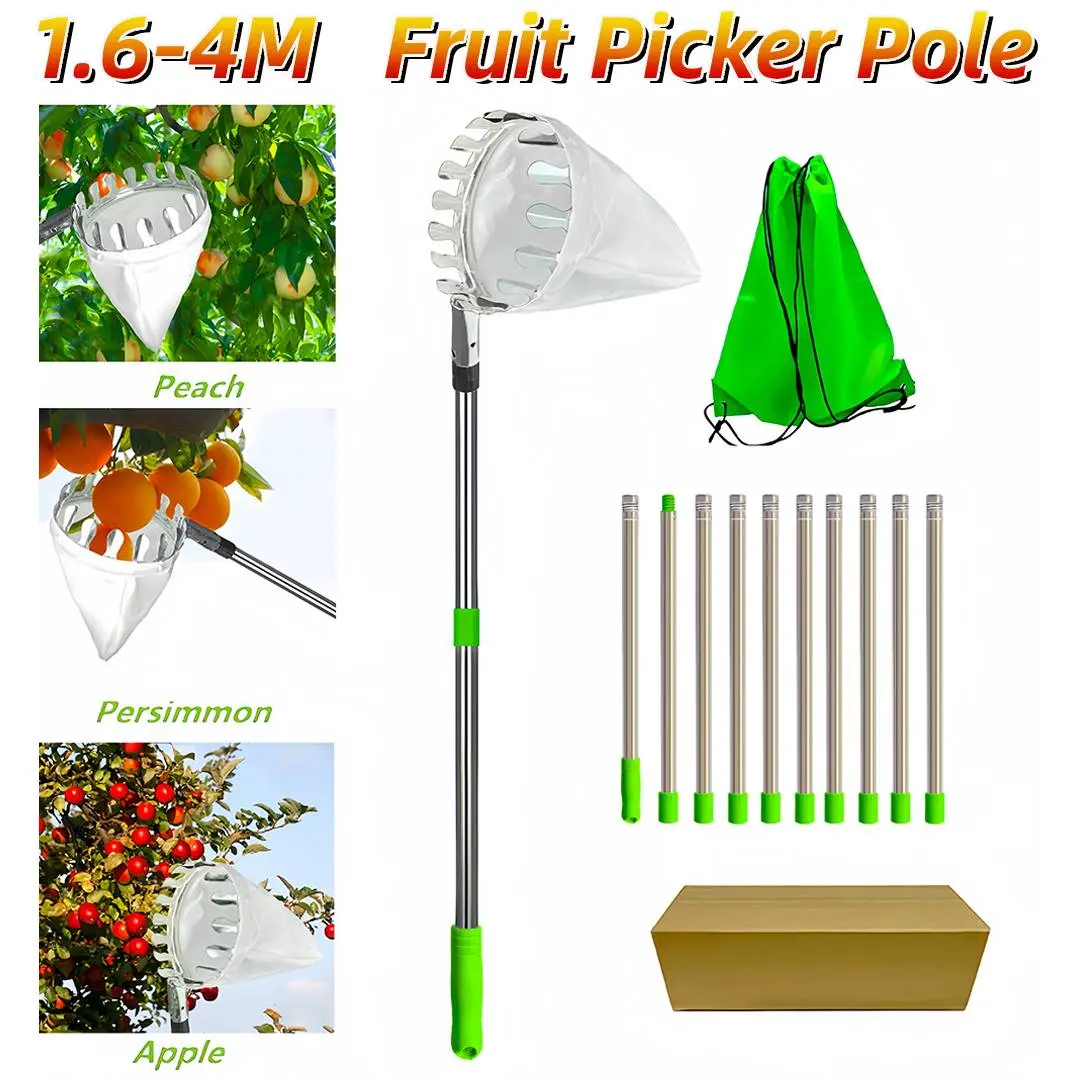 1.6-4m Adjustablet Fruit Picker Stainless Steel Device Fruit Picker With Telescopic Handle Detachable Picking Device Garden Tool