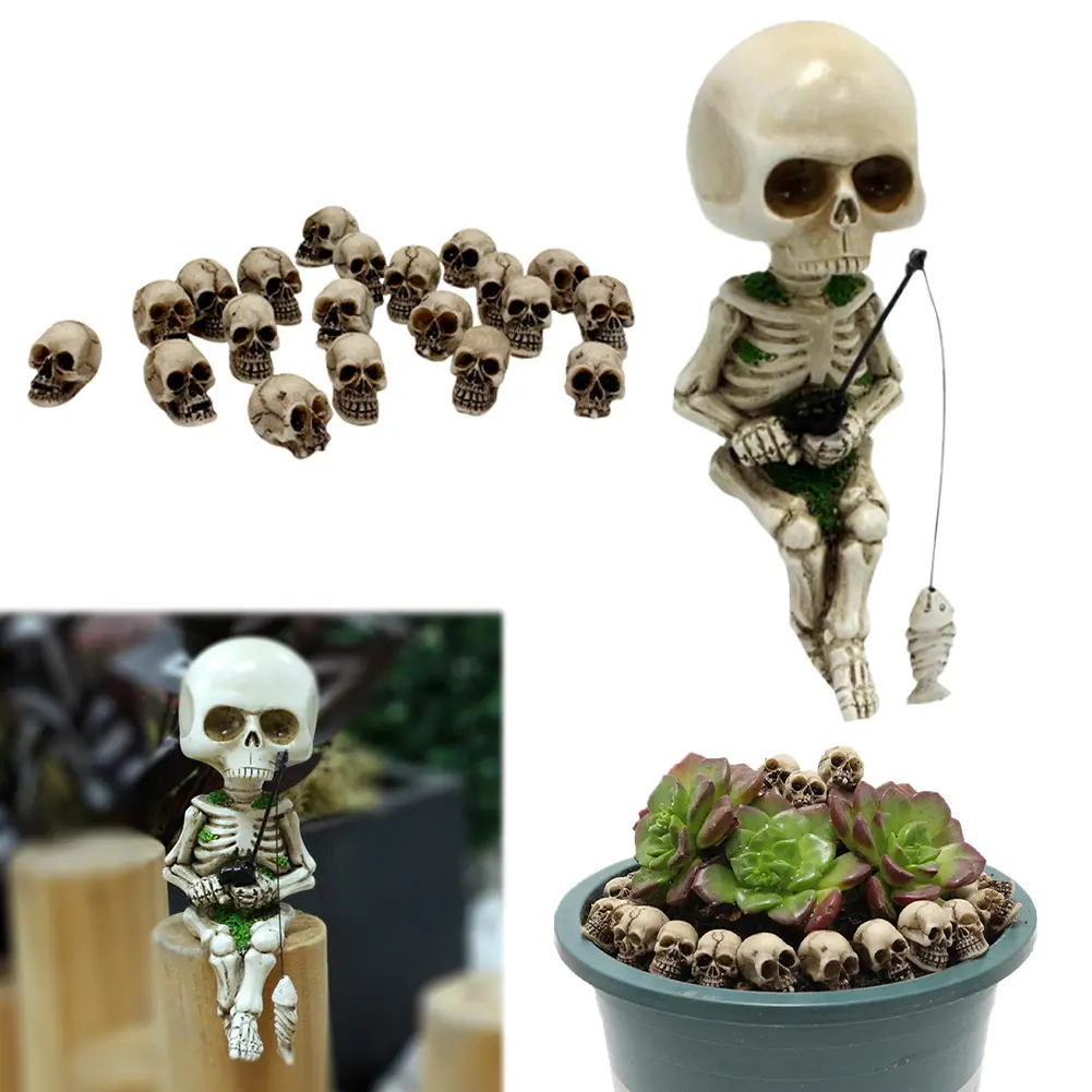 Resin Fishing Skeleton Statue Halloween Decoration Cute Skull Fisher Sculpture Cute Skeleton Gnome Figurine for Outdoor Garden
