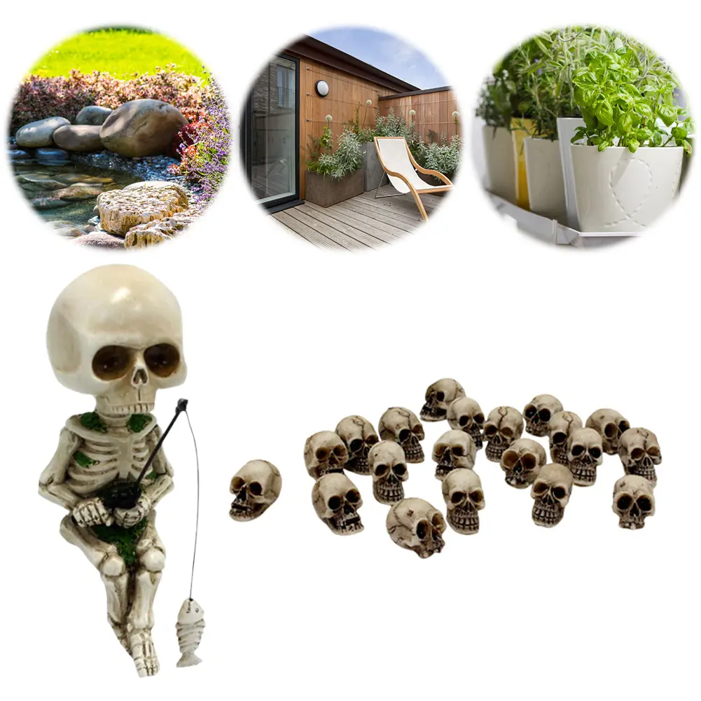 Resin Fishing Skeleton Statue Halloween Decoration Cute Skull Fisher Sculpture Cute Skeleton Gnome Figurine for Outdoor Garden