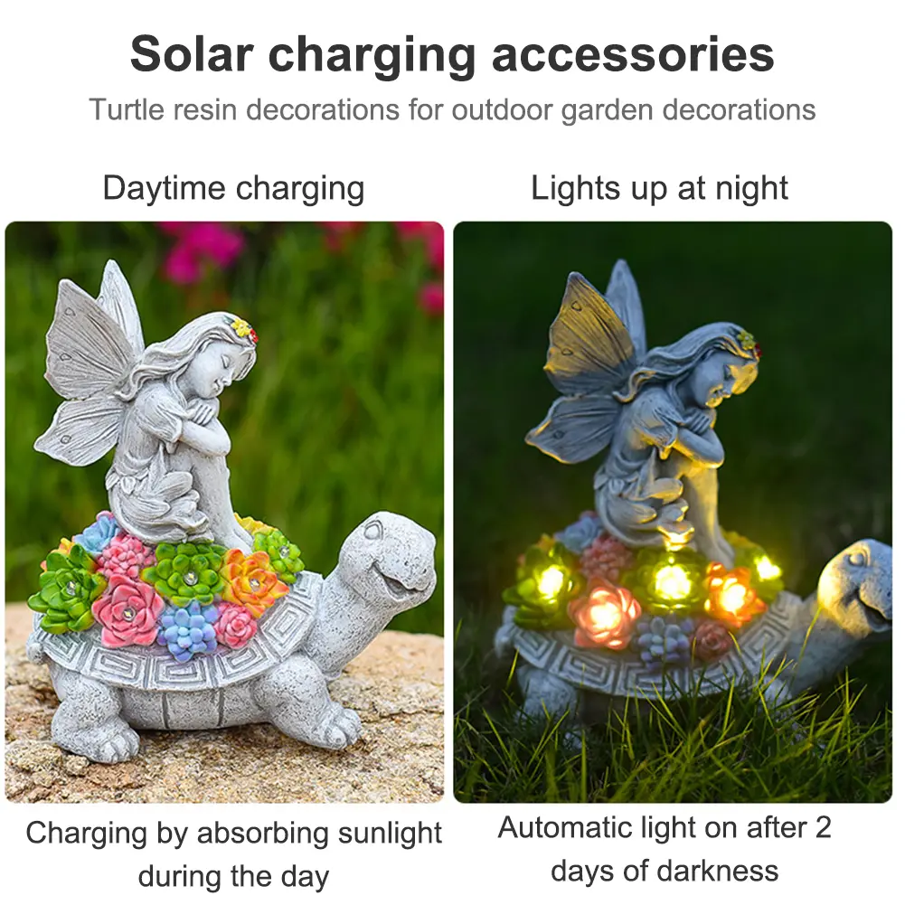 Angel Garden Statue Solar Lamp Decor with Solar Light Resin Turtle Figurine Lawn Ornament Outdoor Decor for Patio