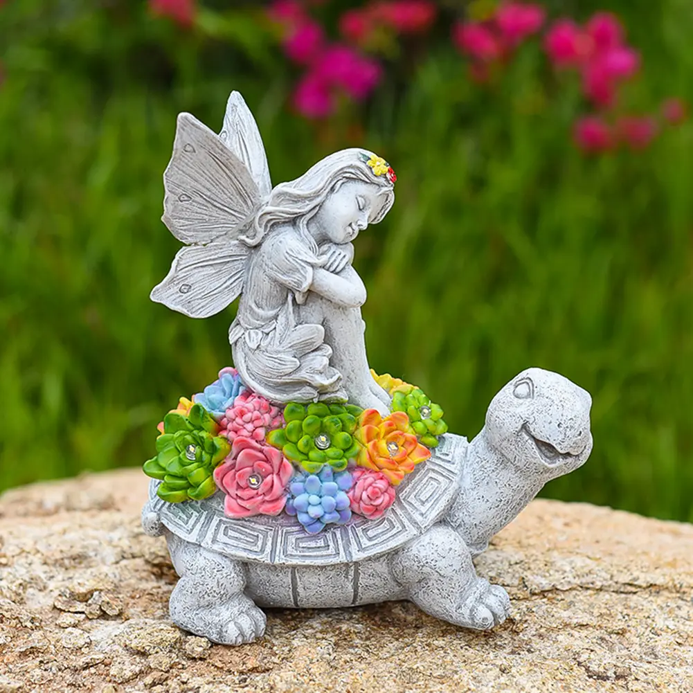 Angel Garden Statue Solar Lamp Decor with Solar Light Resin Turtle Figurine Lawn Ornament Outdoor Decor for Patio