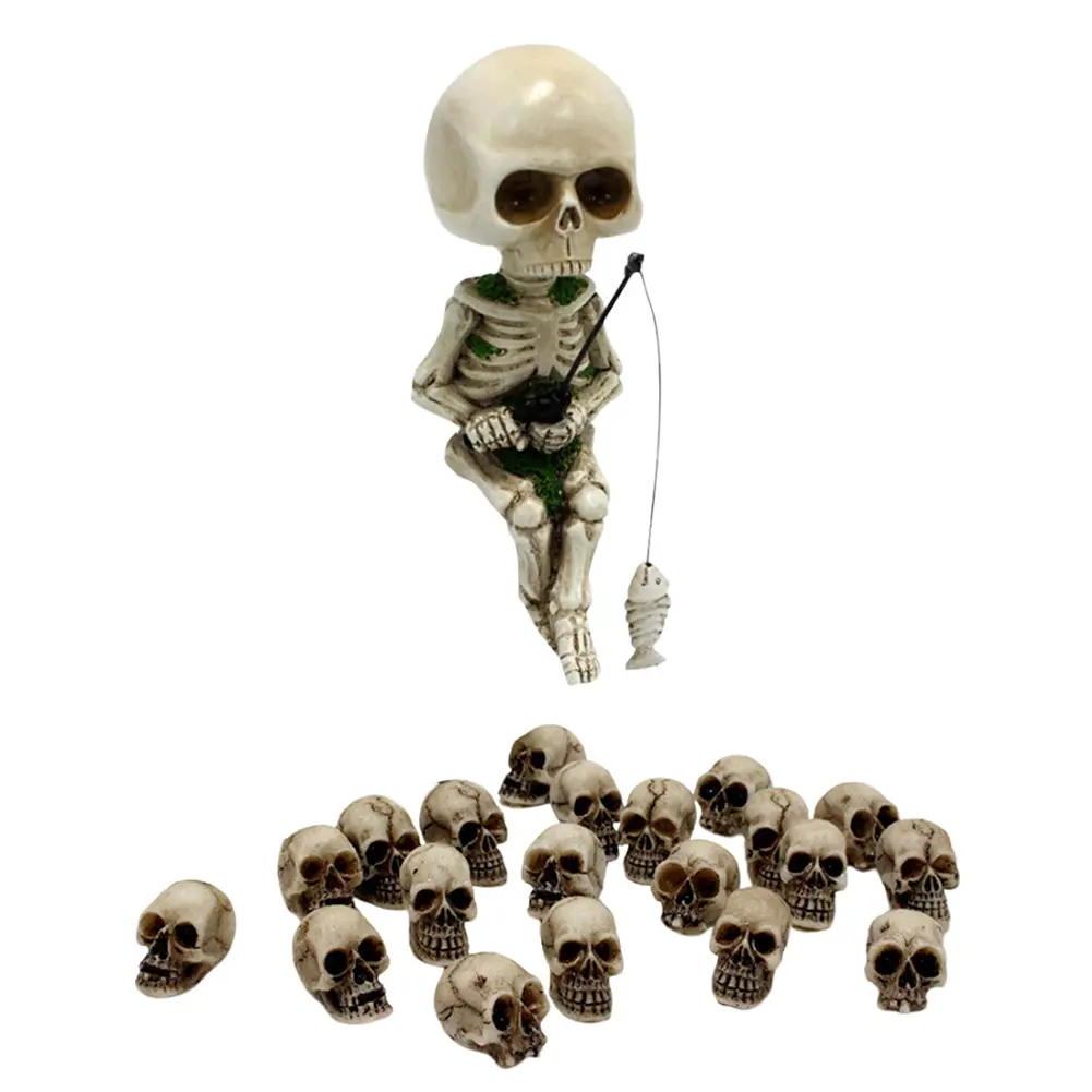 Resin Fishing Skeleton Statue Halloween Decoration Cute Skull Fisher Sculpture Cute Skeleton Gnome Figurine for Outdoor Garden
