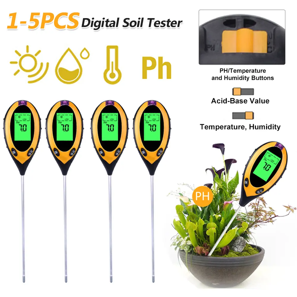1-5PCS 4 in 1 Soil PH Meter LCD Digital Temperature Sunlight Moisture PH Garden Soil Tester Acidity Alkali Analysis Meter Parts