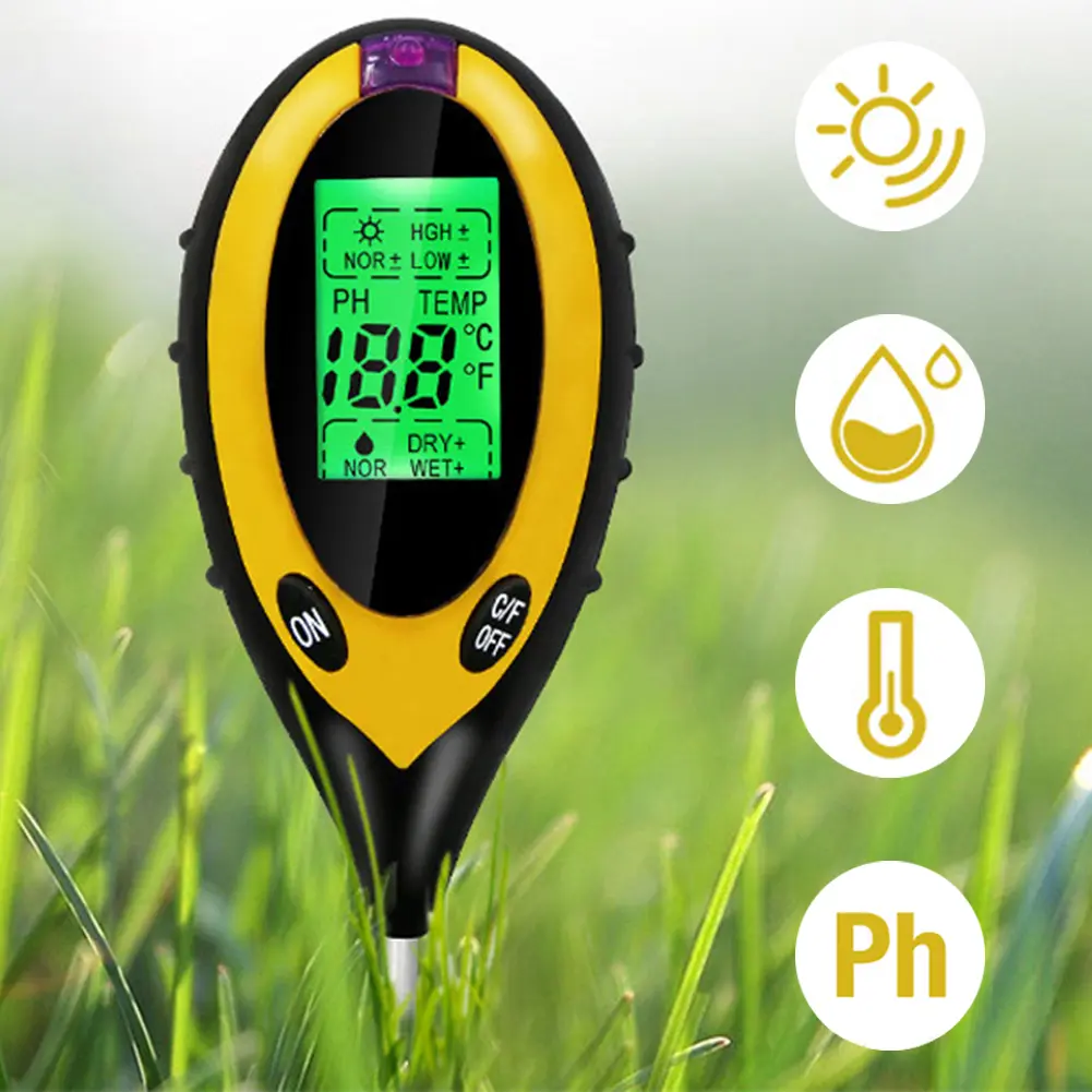 1-5PCS 4 in 1 Soil PH Meter LCD Digital Temperature Sunlight Moisture PH Garden Soil Tester Acidity Alkali Analysis Meter Parts