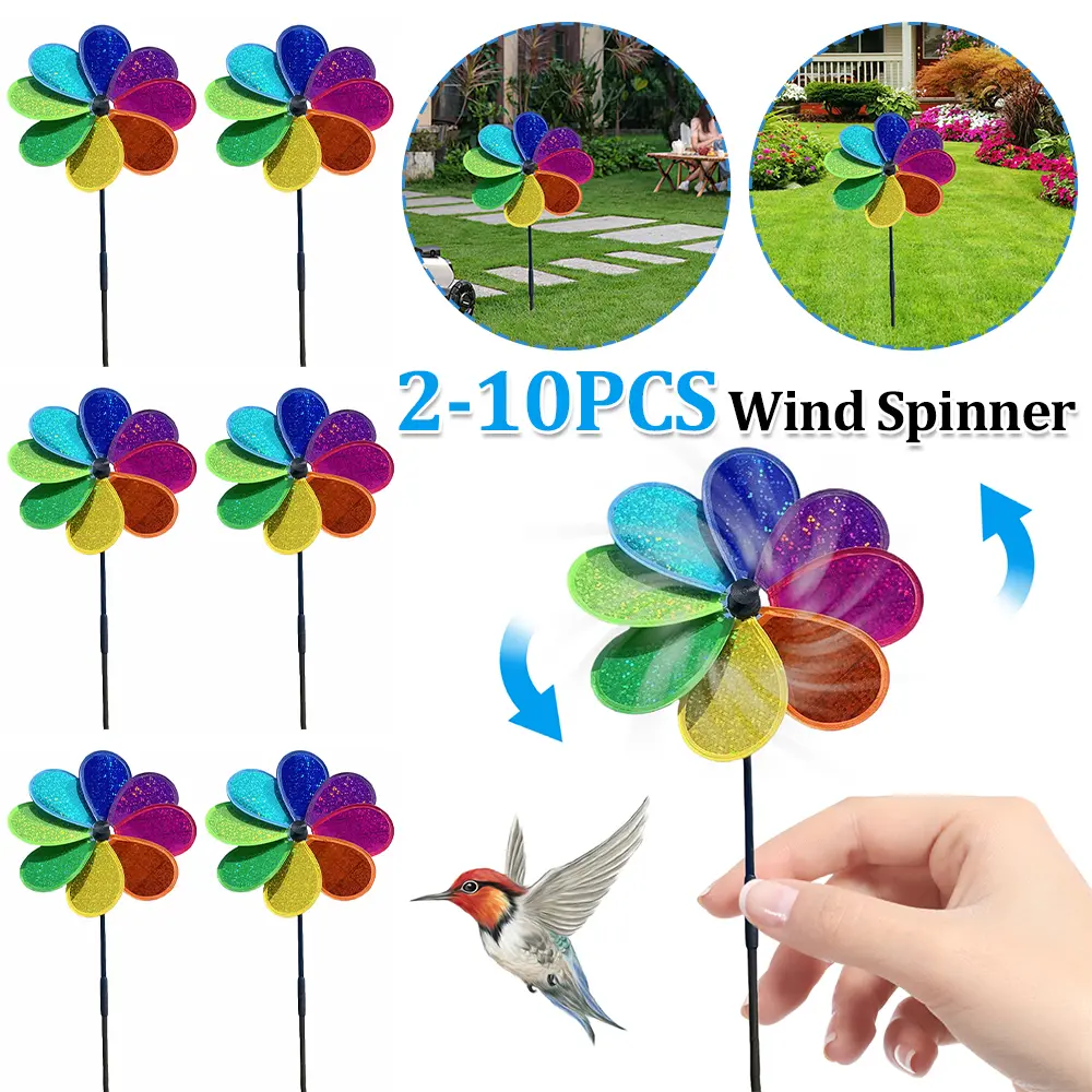 2-10PCS Flower Wind Spinner PVC Rotatable Colorful Rainbow Lawn Pinwheel Sparkly Garden Windmill for Garden Yard Party Decor